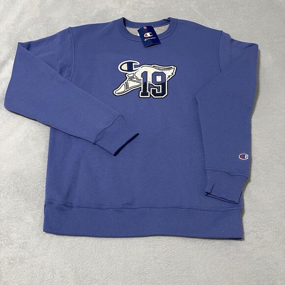 Champion Sweatshirt Men Sz M Stone Crush Blue Winged Foot Patch Fleece Crewneck - Picture 1 of 12